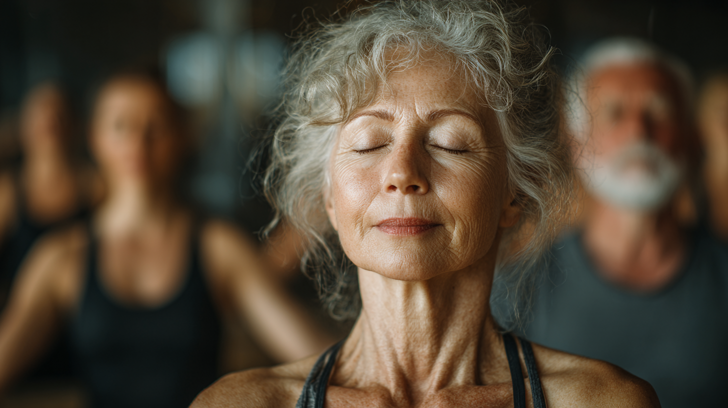 Senior praktikující jógu v klidném prostředí